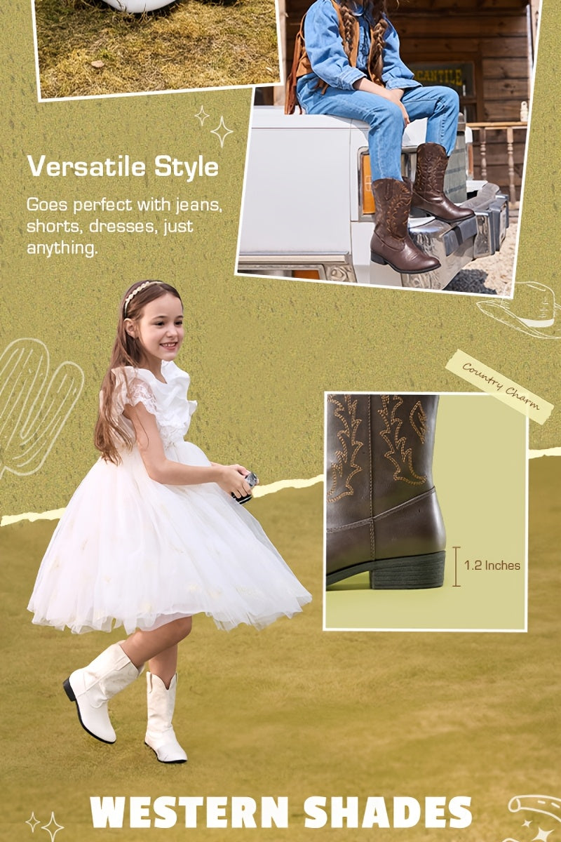 Embroidered Mid-Calf Western Riding Boots for Kids - Pull-On Cowboy Cowgirl Boots with Round Toe, Soft Lining & Flexible TPR Sole for Boys & Girls, Little Kid & Big Kid Sizes