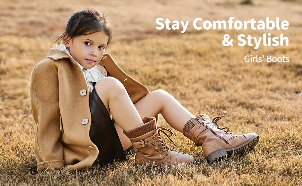 Girls' Lace-Up Western Boots, Mid-Calf Cowboy Style with Round Toe, PU/Fabric Upper and TPR Sole for Fall & Winter, Toddler, Little Kid & Big Kid Sizes