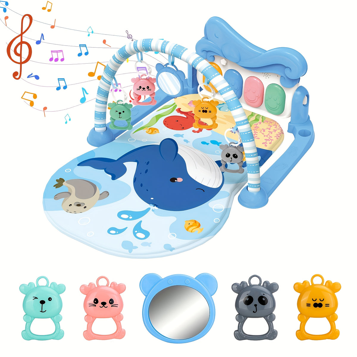 Kick and Play Piano Baby Activity Mat in Blue with Light-Up Keys, 4 Detachable Sensory Toys and Mirror for Newborn Tummy Time and Floor Play