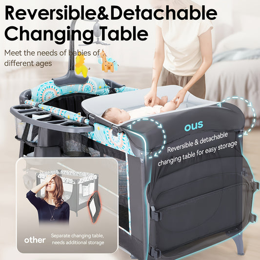 Portable Baby Bassinet 5-in-1 with Detachable Changing Table, 3 Height Settings, Mattress and Storage Shelf, Blue Nursery Playard Setup