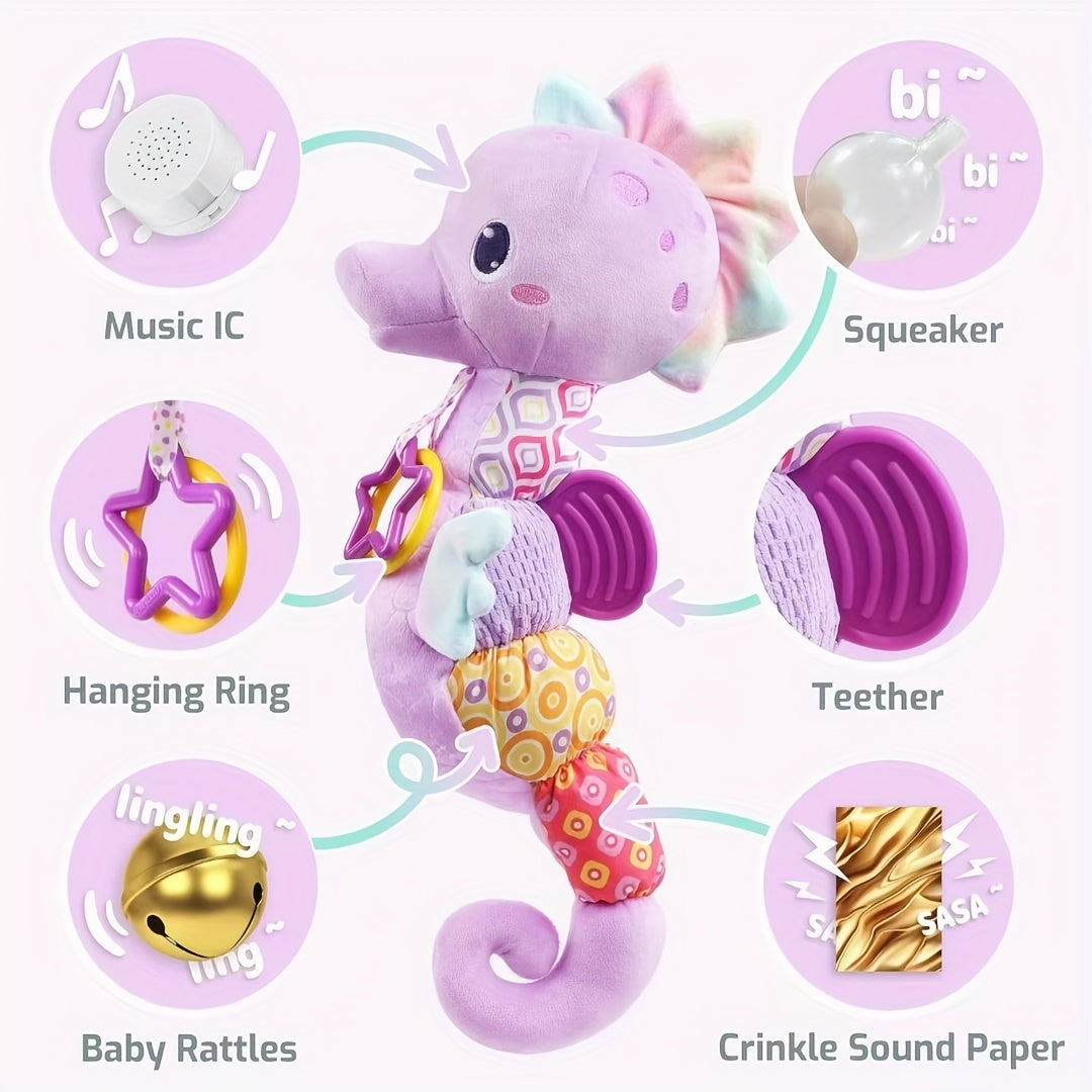 Seahorse Sensory Baby Toy with Crinkle and Rattle Textures, Soft Musical Stuffed Animal for Supervised Tummy Time and Newborn Gifts