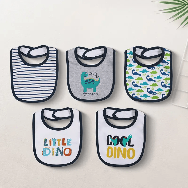 Embroidered Baby Feeding Bibs 5-Pack, Soft Absorbent Cotton Outer Layer with Cartoon Designs for Infant Mealtimes and Drool, Boys and Girls