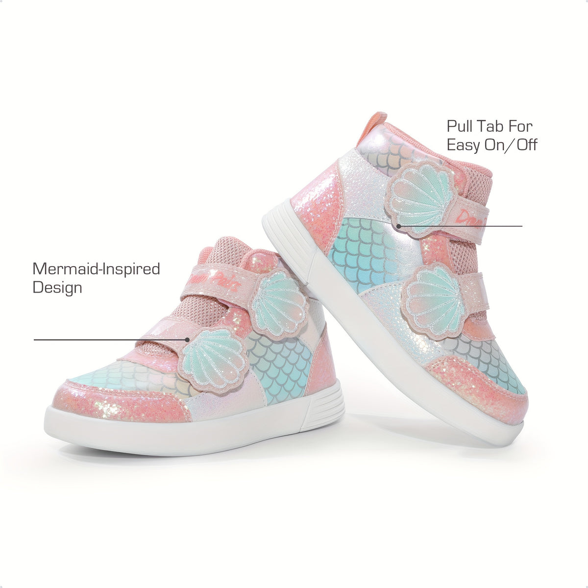 Girls Shell-Pattern High-Top Sneakers with Shiny Detail, Casual Walking Shoes for Toddlers and Little Kids in Pink, Lavender or White