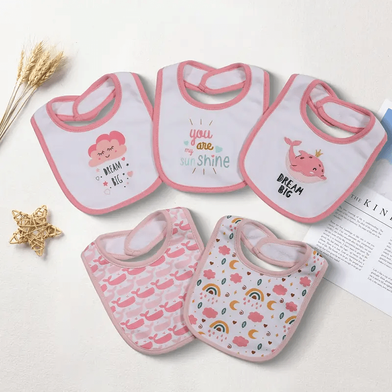 Double-Layer Cotton Baby Bibs 5-Pack with Cartoon Designs, Absorbent Adjustable Feeding Bib Set for Boys and Girls Ages 0ā3 Years