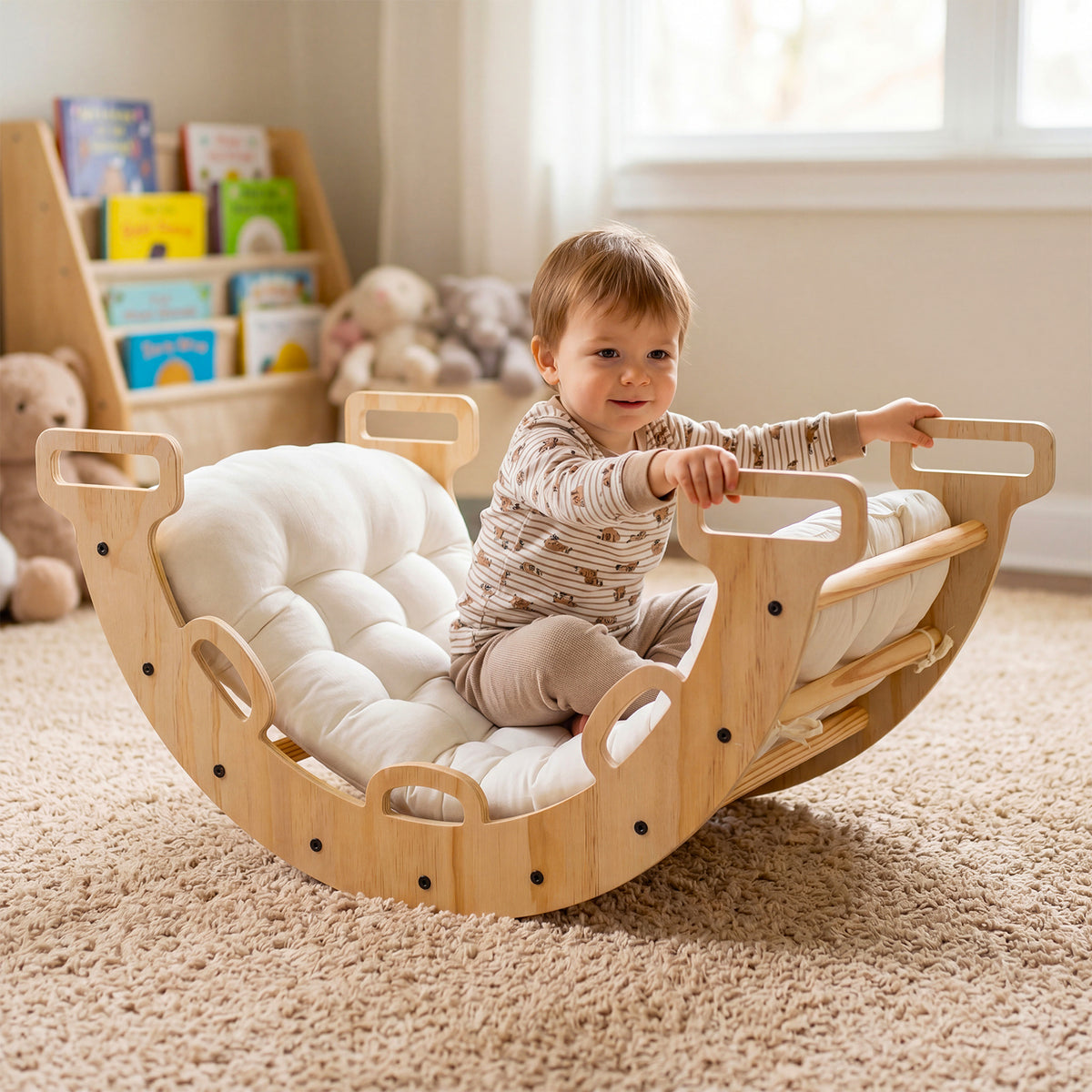 Toddler Climbing Arch and Rocker with Cushion, 3-in-1 Wooden Indoor Play Gym and Crawling Tunnel for Ages 1+, 81 cm Arch with Natural, Macaron or Multicolor Options