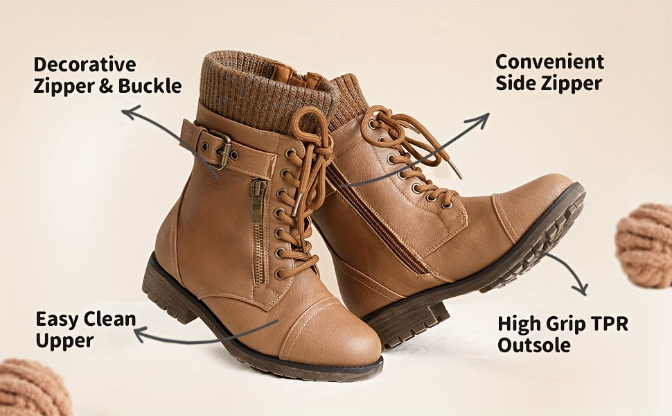 Girls' Lace-Up Western Boots, Mid-Calf Cowboy Style with Round Toe, PU/Fabric Upper and TPR Sole for Fall & Winter, Toddler, Little Kid & Big Kid Sizes