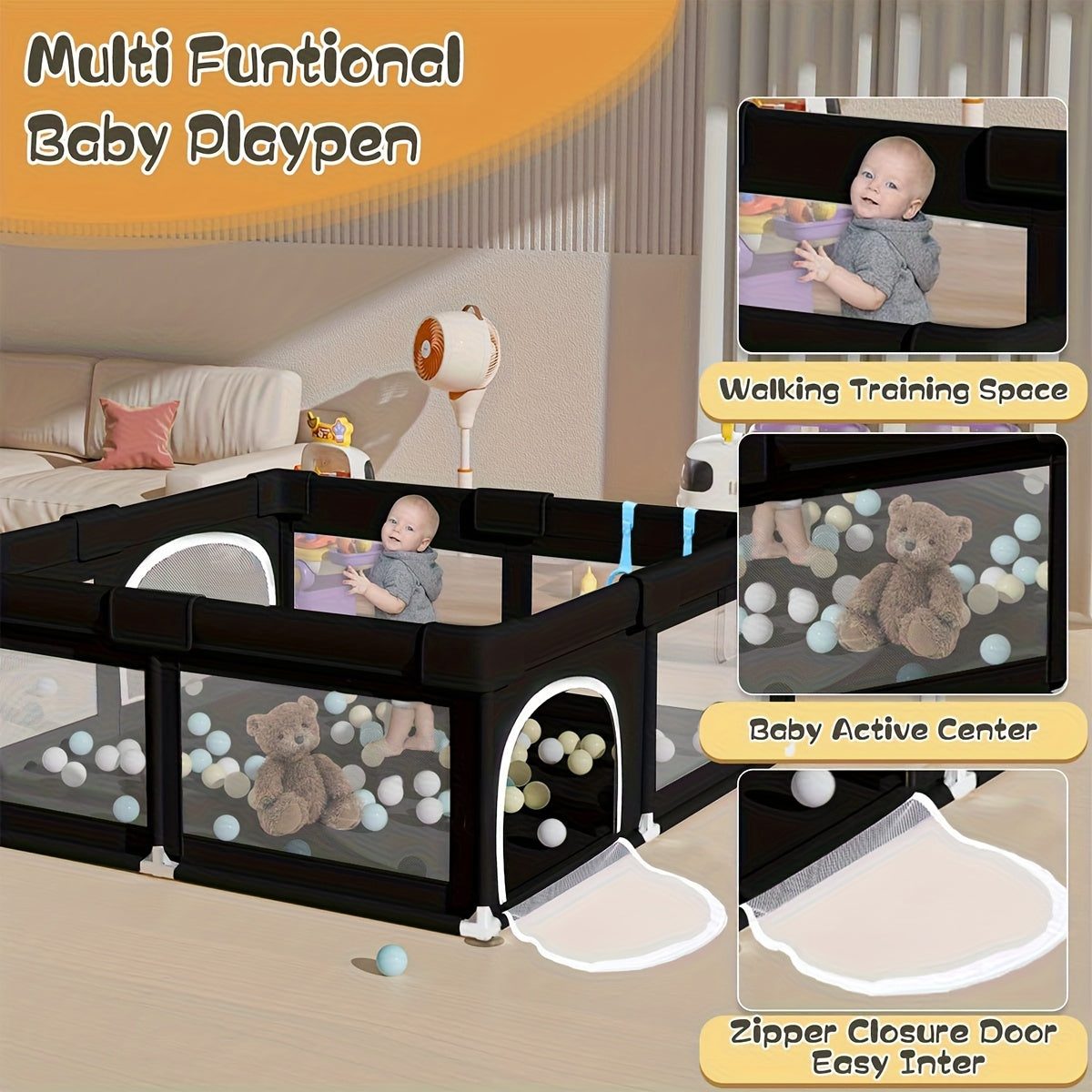 47 x 47 Inch Baby Playpen for Indoor and Outdoor Activity, Black Mesh Play Yard Fence for Babies and Toddlers with Soft Fabric Sides