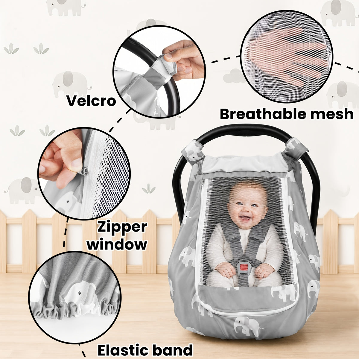 Stretchy Infant Carrier Cover with Large Window, Beavtaens Breathable Baby Car Seat Canopy in Elephant, Flower, Leaves, Rainbow or Sun Prints
