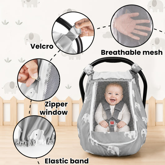 Stretchy Infant Carrier Cover with Large Window, Beavtaens Breathable Baby Car Seat Canopy in Elephant, Flower, Leaves, Rainbow or Sun Prints