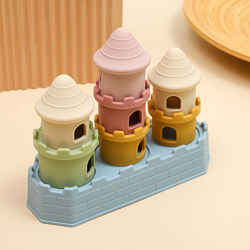 Silicone Castle Stacking Toy with Pastel Building Pieces, Soft Stacking and Nesting Set for Color and Shape Exploration and Supervised Play
