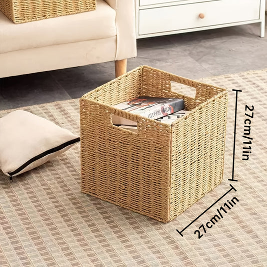 Paper Rope Storage Baskets with Handles, Foldable Handwoven 11 x 11 x 11 Inch Shelf Organizer Cubes for Nursery, Bedroom or Living Room