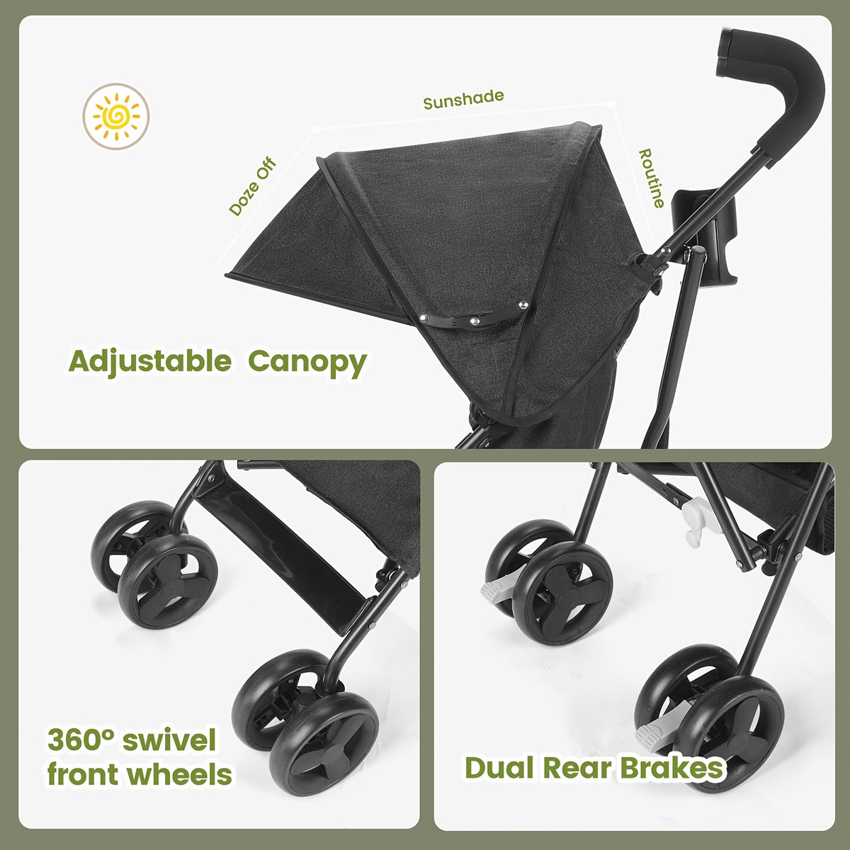 Compact Umbrella Stroller with Reclining Seat, Lightweight Folding Travel Pushchair with Canopy and Pop-Out Sun Visor in Pink or Gray