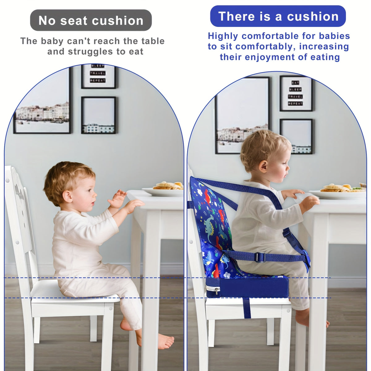 Kids Dining Chair Cushion with Backrest and Adjustable Straps, Foldable Oxford Cloth Seat Pad with Removable Washable Cover for Home and Travel