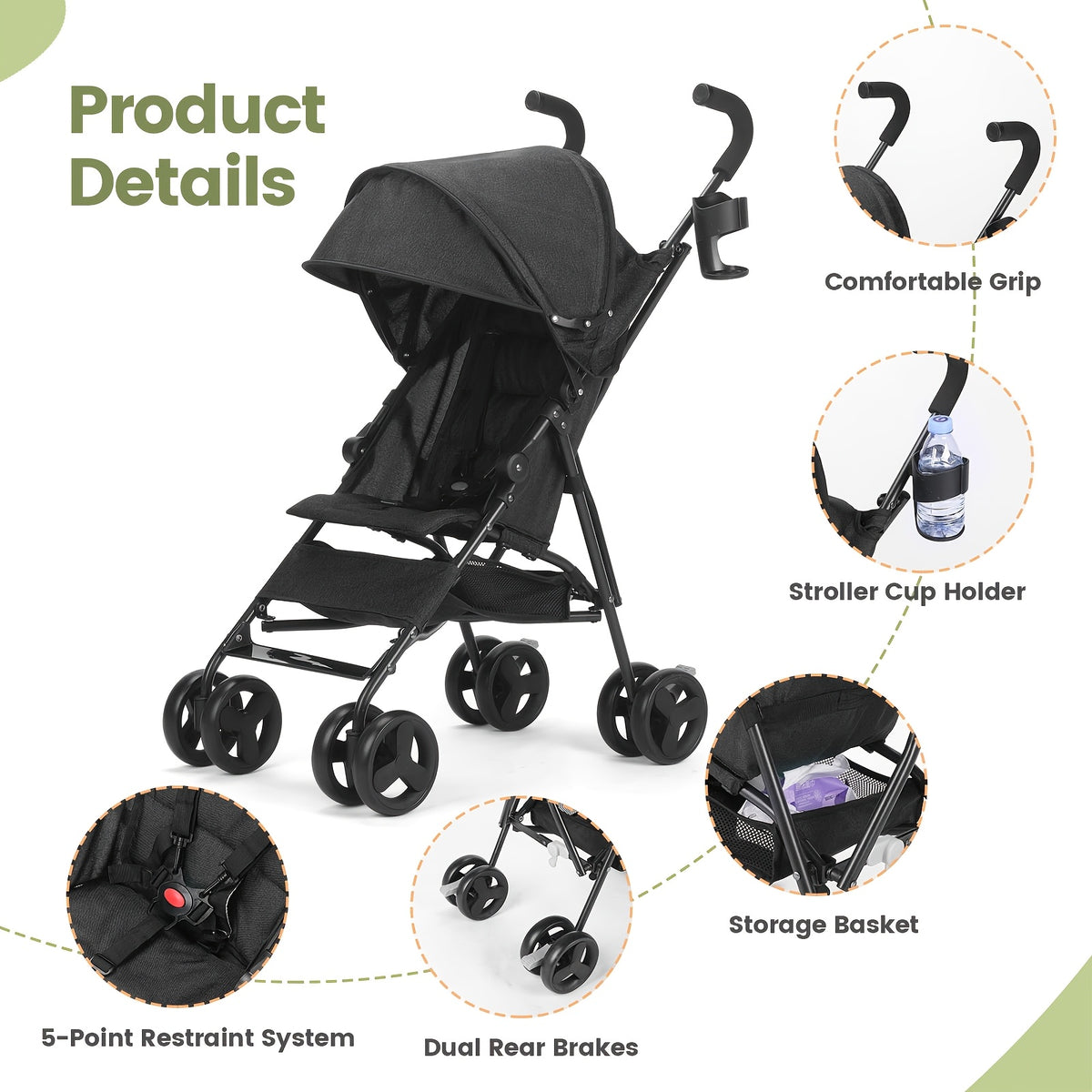 Compact Umbrella Stroller with Reclining Seat, Lightweight Folding Travel Pushchair with Canopy and Pop-Out Sun Visor in Pink or Gray