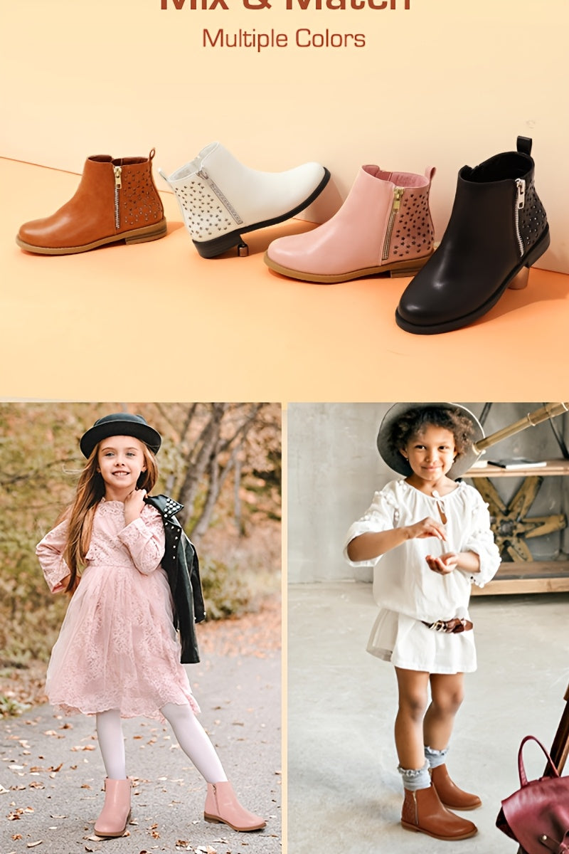 Girls Side-Zip Ankle Boots in Tan by DREAM PAIRS KIDS, Low-Heel Round-Toe Short Boots for Toddler, Little Kid and Big Kid Fall Outfits