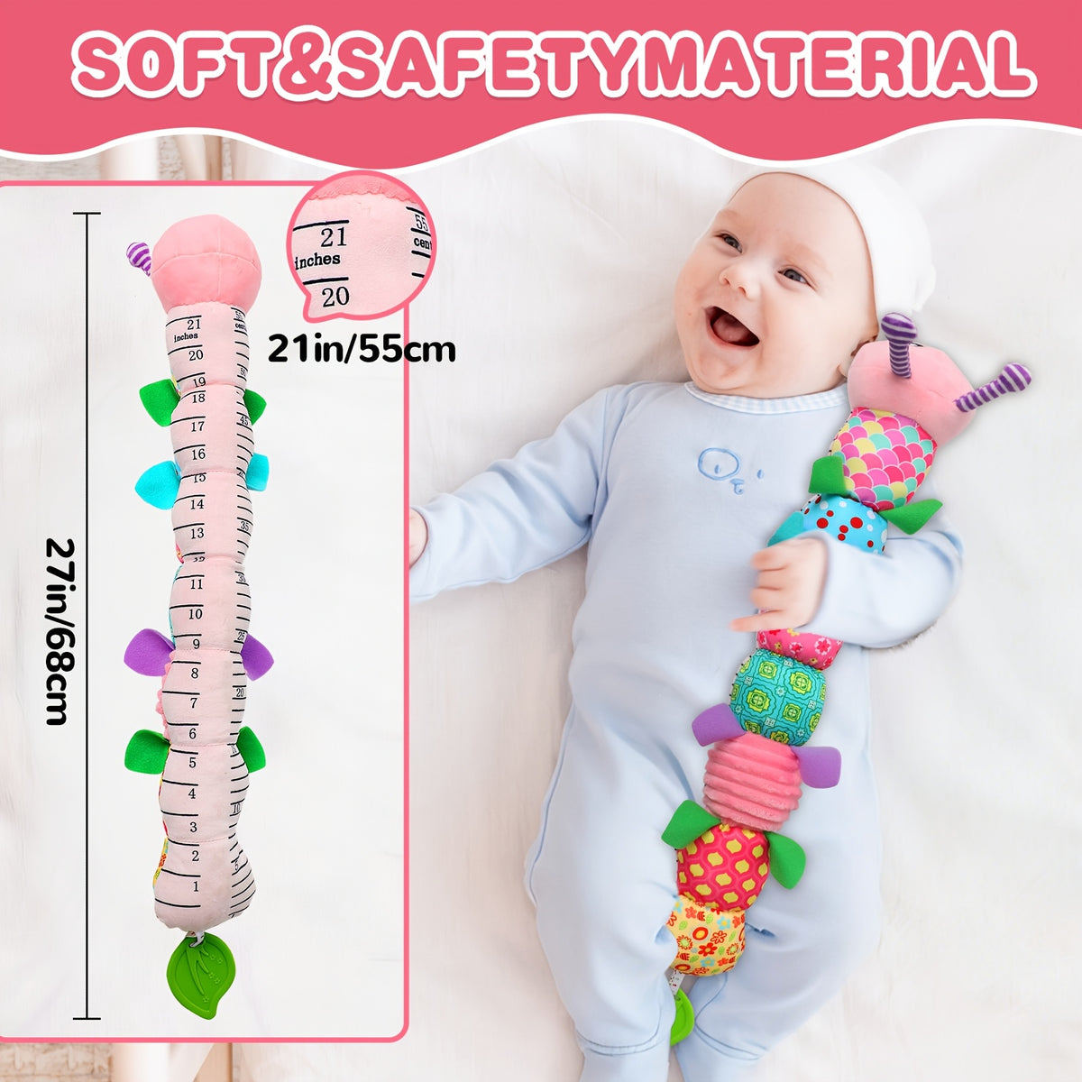 Musical Caterpillar Baby Toy, Plush Sensory Animal with Crinkle Sounds, Rattle and Colorful Textured Segments for Supervised Tummy Time Play