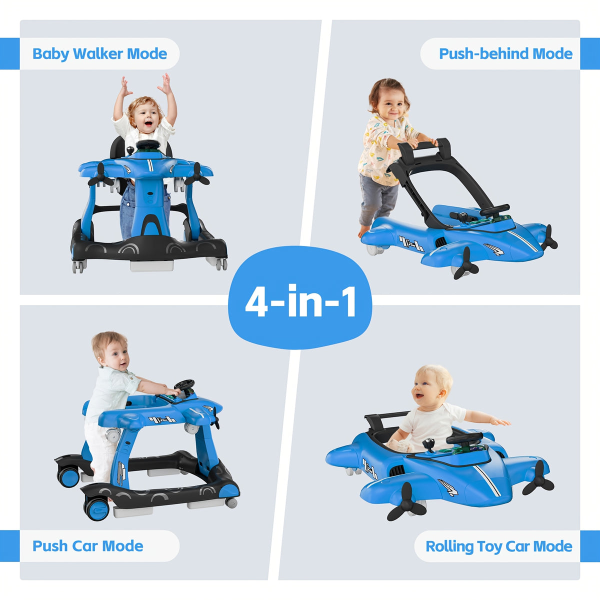 6-in-1 Activity Walker for Babies 6โ18 Months, Foldable Height-Adjustable Walker with Rocker and Jumper Modes, Padded Seat, Lights and Music Tray