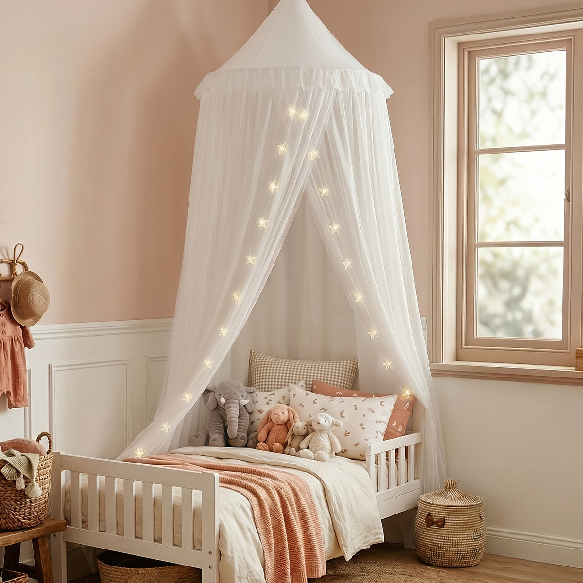 Princess Bed Canopy Tent with Star Night Light, Hammock Style Kids Bed Curtain Dome Mosquito Net, Double Layer Dustproof Breathable Reading Nook Drape for Toddler and Adult Beds, Machine Washable, White Pink Purple