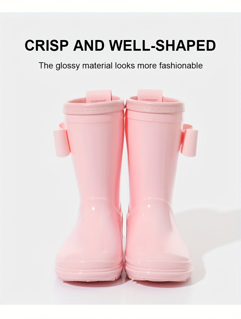 Girls Bow Rain Boots with Pull Tabs, Lightweight One-Piece Molded Toddler and Little Kid Boots in Pink, Burgundy, Dark Violet or Black for Rainy-Day Outings