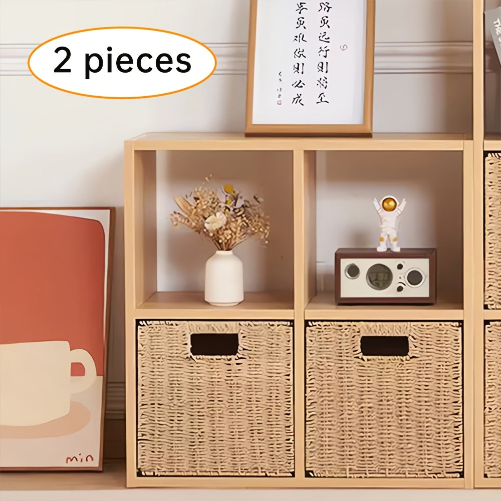 Paper Rope Storage Baskets with Handles, Foldable Handwoven 11 x 11 x 11 Inch Shelf Organizer Cubes for Nursery, Bedroom or Living Room