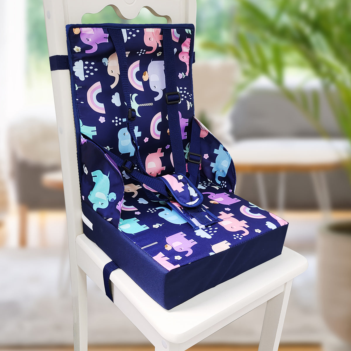 Kids Dining Chair Cushion with Backrest and Adjustable Straps, Foldable Oxford Cloth Seat Pad with Removable Washable Cover for Home and Travel