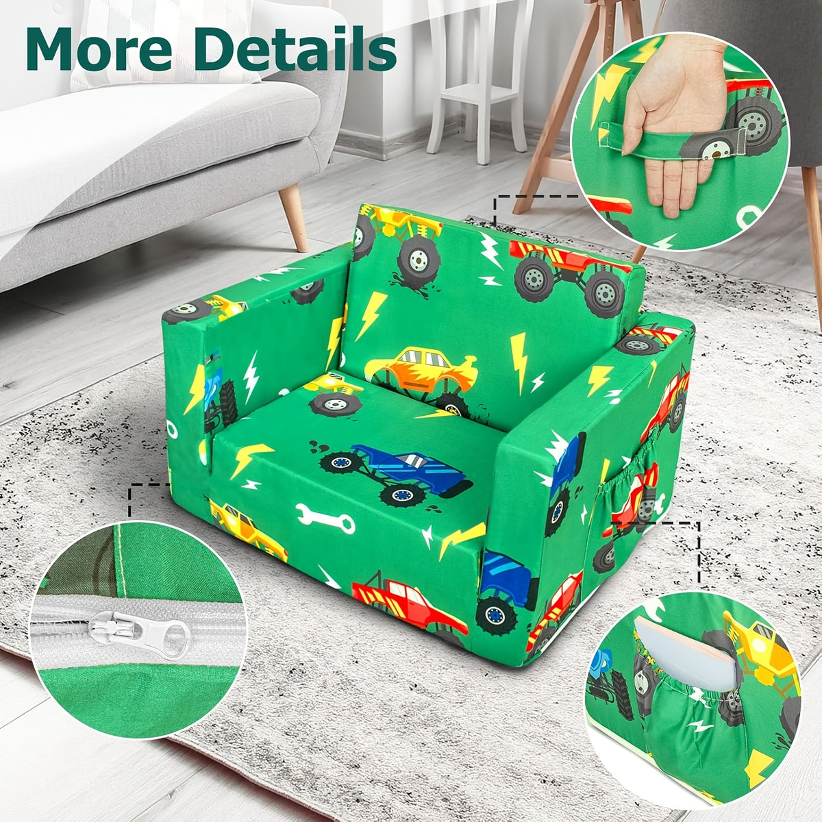 Convertible Kids Sofa Bed, 2-in-1 Fold-Out Toddler Couch and Lounge Chair with Removable Washable Cover for Reading and Playroom Relaxing