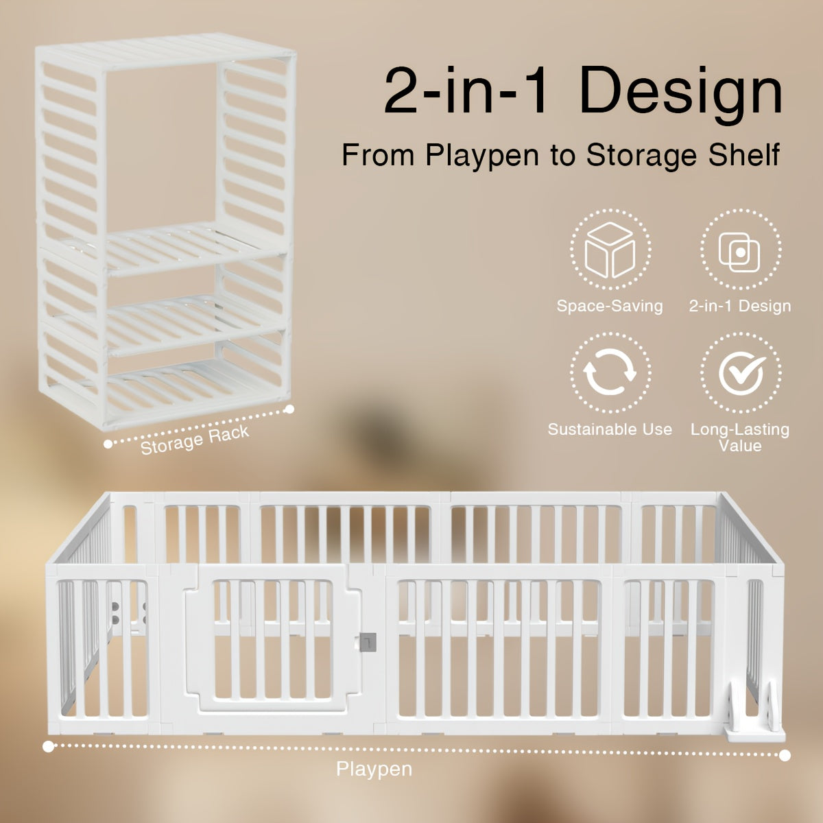 Modular Baby Playpen Fence with Gate, 2-in-1 Adjustable-Shape White Panel Play Yard for Supervised Indoor or Outdoor Kids Activities