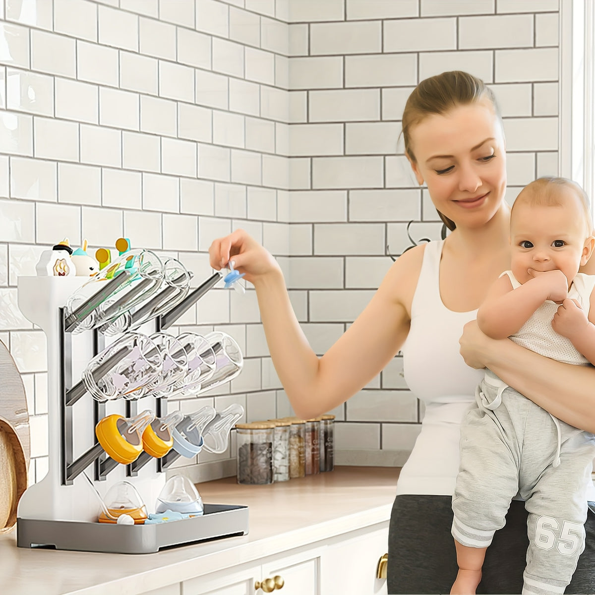 Space-Saving Bottle Drying Rack with Vertical Bottle Holders and Drip-Through Top Accessory Tray, Countertop Organizer for Baby Feeding Supplies
