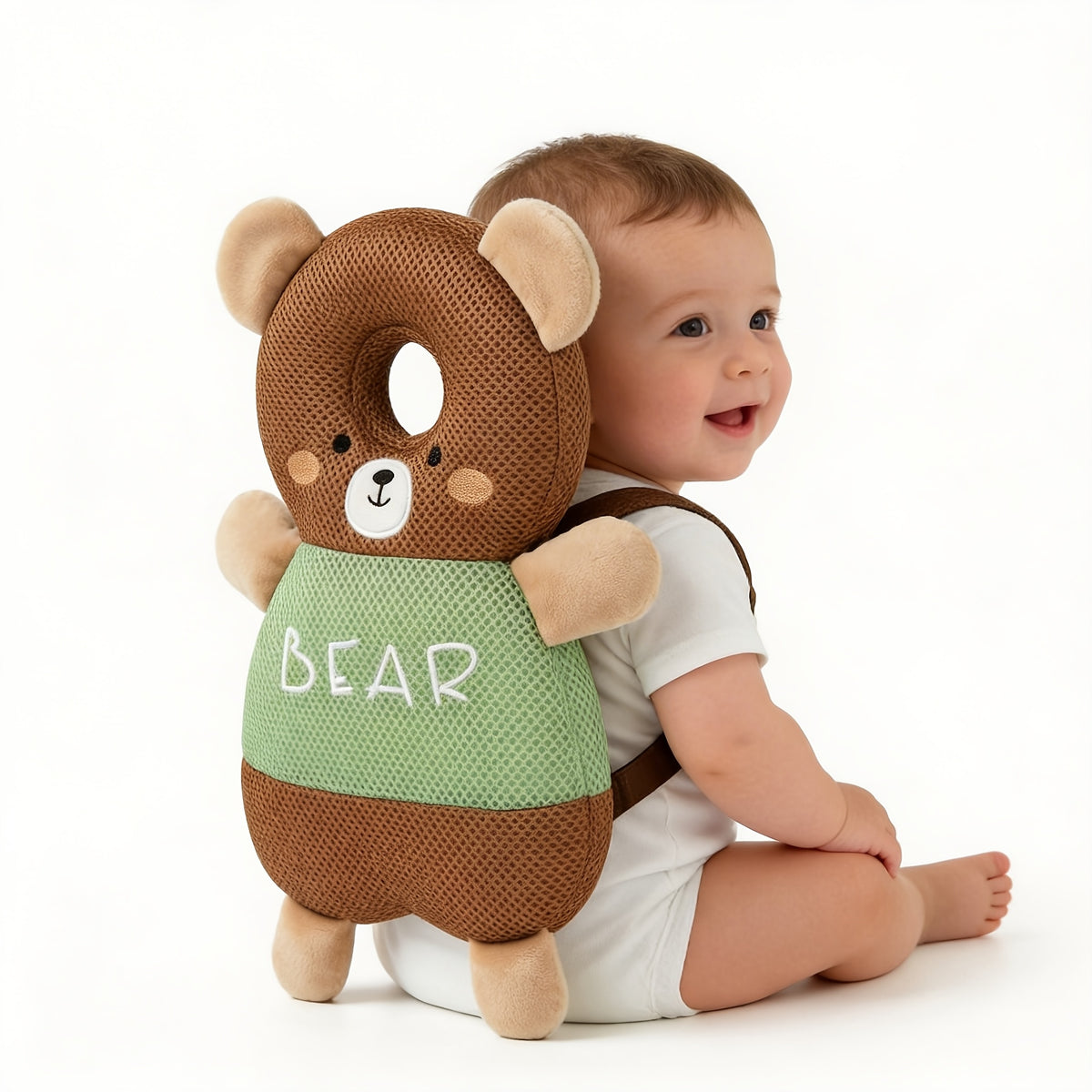 Plush Baby Head Cushion Backpack with Astronaut, Pink Rabbit or Brown Bear Design, Adjustable Straps for Supervised Crawling and First Steps