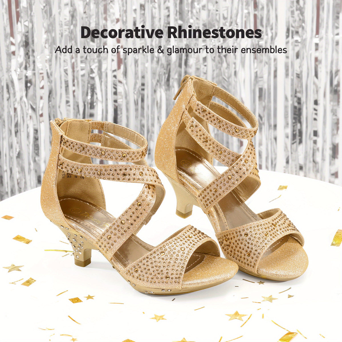 Girls Rhinestone Low Heel Sandals with Strappy Open Toe Design | Dress Shoes for Toddlers and Kids, Parties and Special Occasions