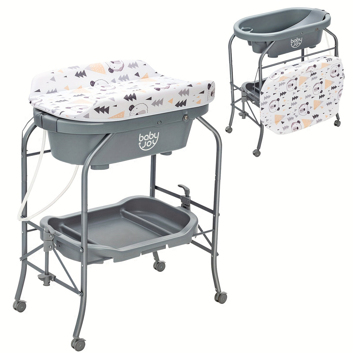 Folding Baby Changing Table with Bathtub and Wheels, Portable Diaper Station and Storage Shelf for Infants 0-12 Months, Space-Saving Rolling Nursery Cart with Weight Capacity, Blue