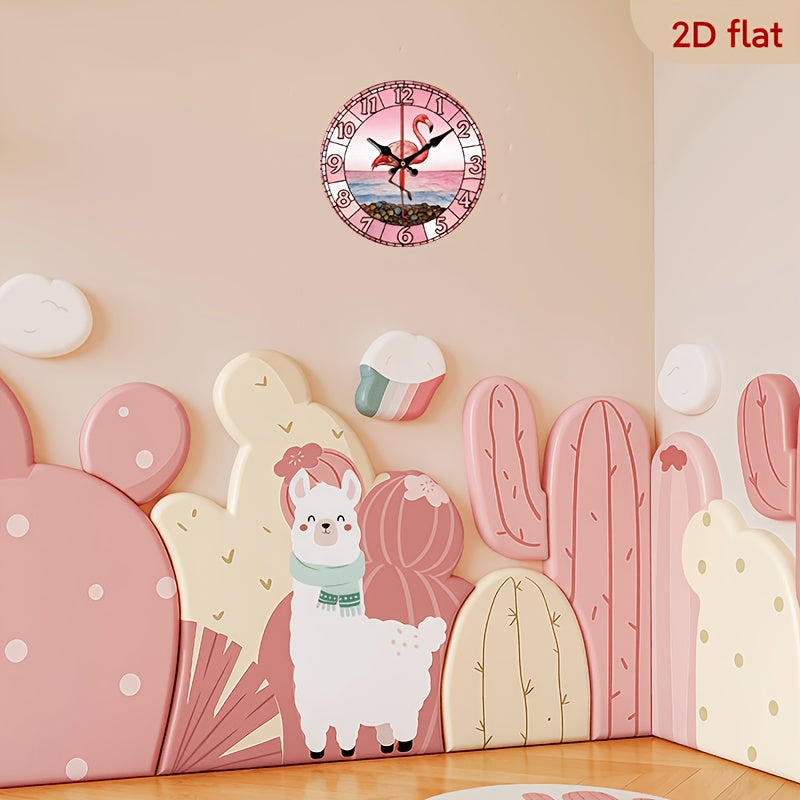 Flamingo Nursery Wall Clock 10 Inch with Pink Sunset Beach Print, Silent Non-Ticking 2D Flat Round Clock for Coastal Kids Room Decor
