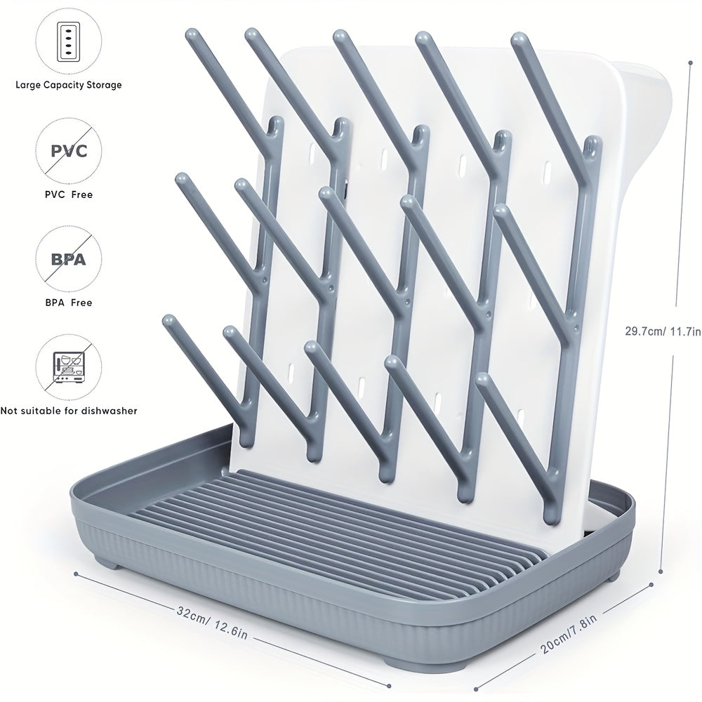 Vertical Baby Bottle Drying Rack, Large Space-Saving Holder for Bottles, Breast Pump Parts and Feeding Accessories, Sturdy Easy-Clean Design in Gray