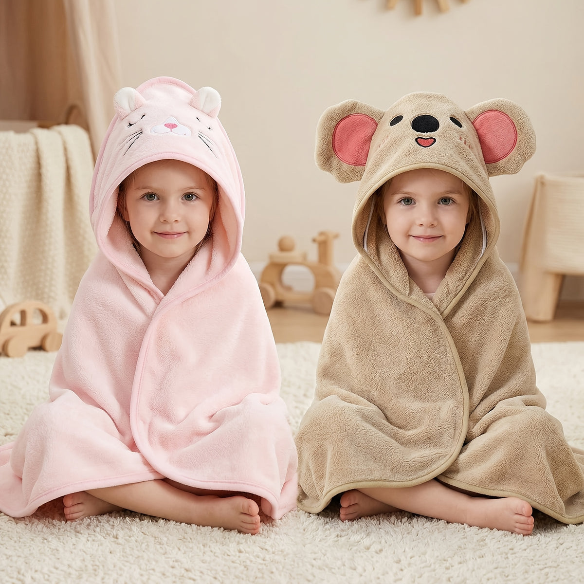 Baby Bath Towels and Swaddle Wraps for Newborns and Toddlers, Soft Absorbent Dual-Purpose Printed Towels in Two-Piece Color Sets