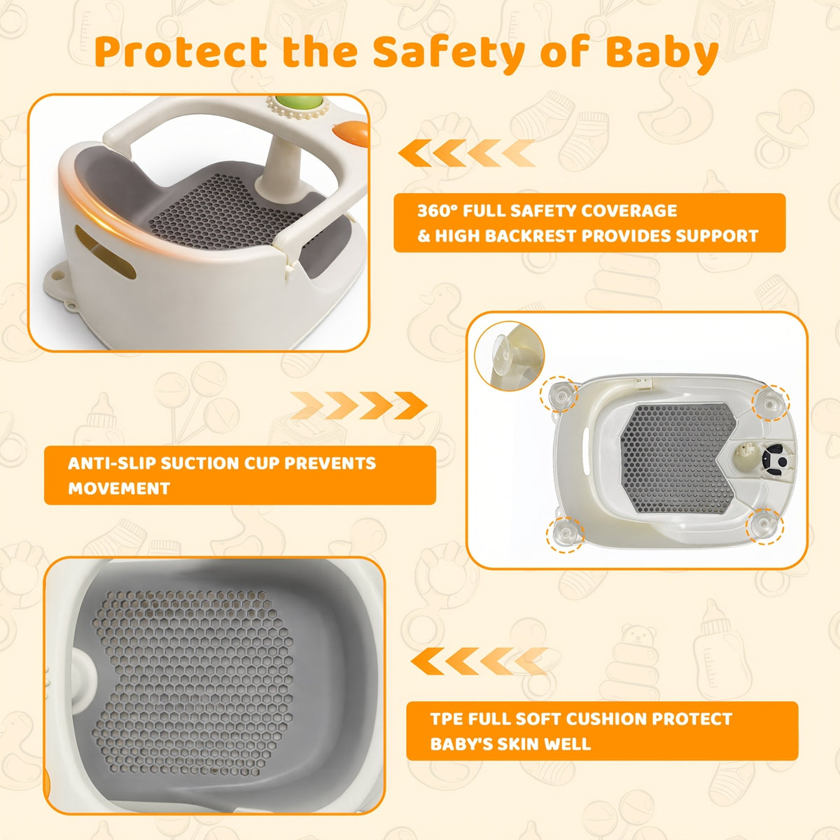 Cushioned Infant Bathtub Seat with 4 Suction Cups for Babies 6 Months & Up, Compact Non-Slip Bath Chair with Optional Thermometer for Supervised Bathtime