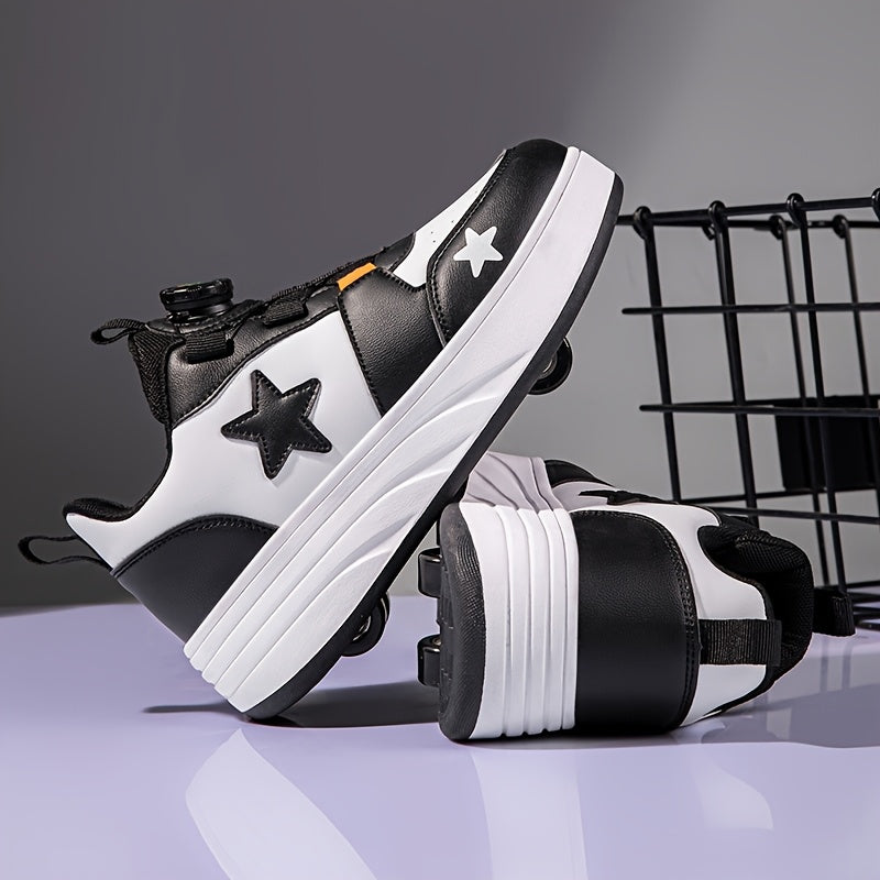 Boys Mesh Roller Sneakers with Removable Wheels, Black Low-Top Skate Shoes with TPR Insole and 2-Wheel or 4-Wheel Options for Outdoor Play