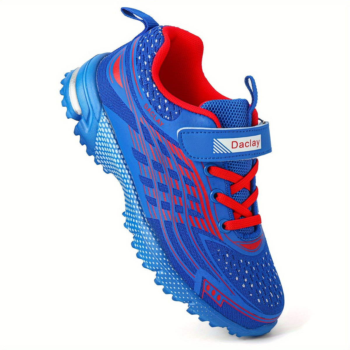 Boys Hook-and-Loop Sneakers in Blue, Breathable Low-Top Sport-Style Shoes with Geometric Pattern for Little Kid and Big Kid Casual Outings