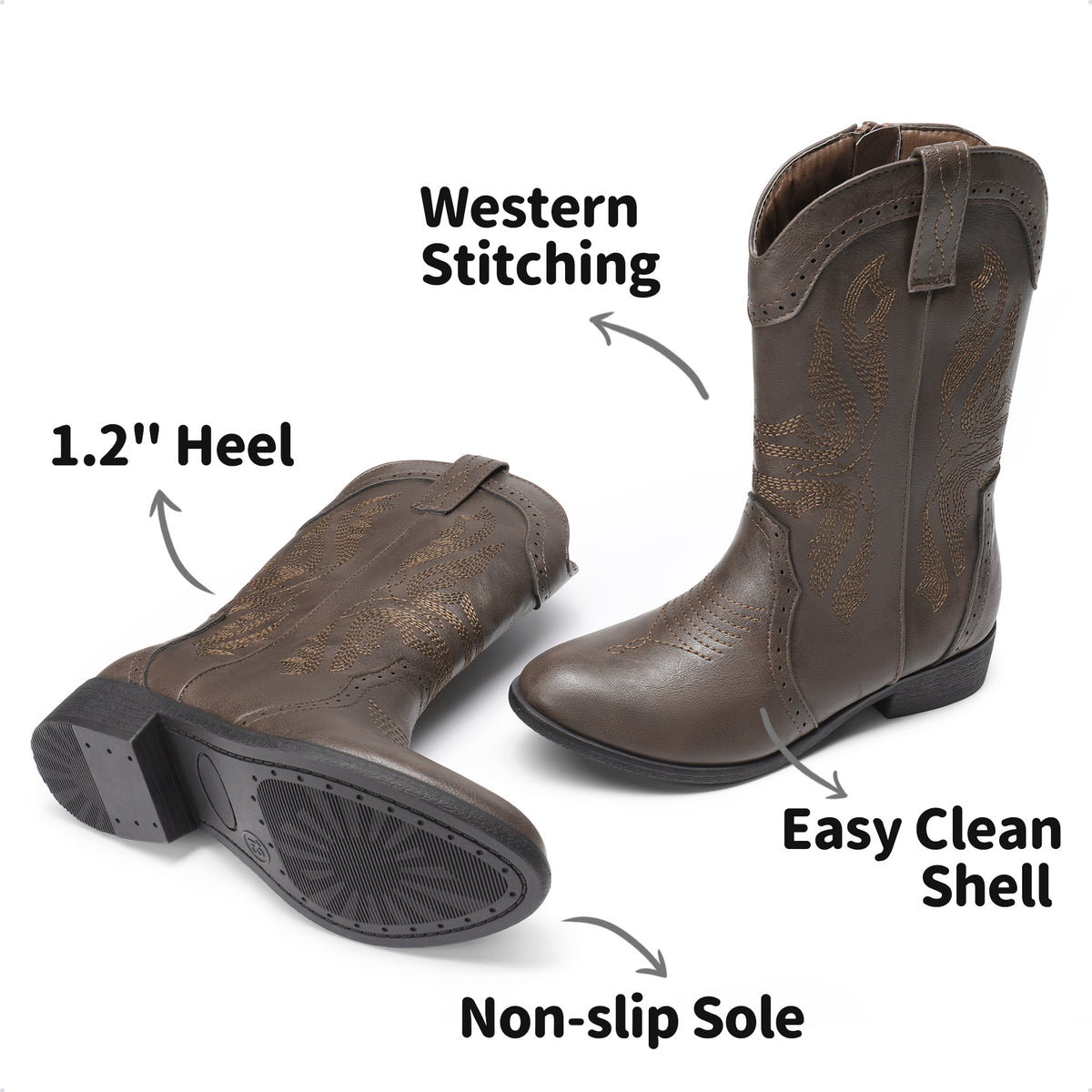 Girls' Western Riding Boots with Mid-Calf Style, Cowgirl-Cowboy Shoes in Pink, White or Dark Brown for Toddler, Little Kid & Big Kid Sizes