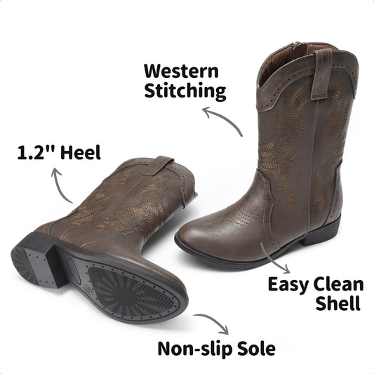 Girls' Western Riding Boots with Mid-Calf Style, Cowgirl-Cowboy Shoes in Pink, White or Dark Brown for Toddler, Little Kid & Big Kid Sizes