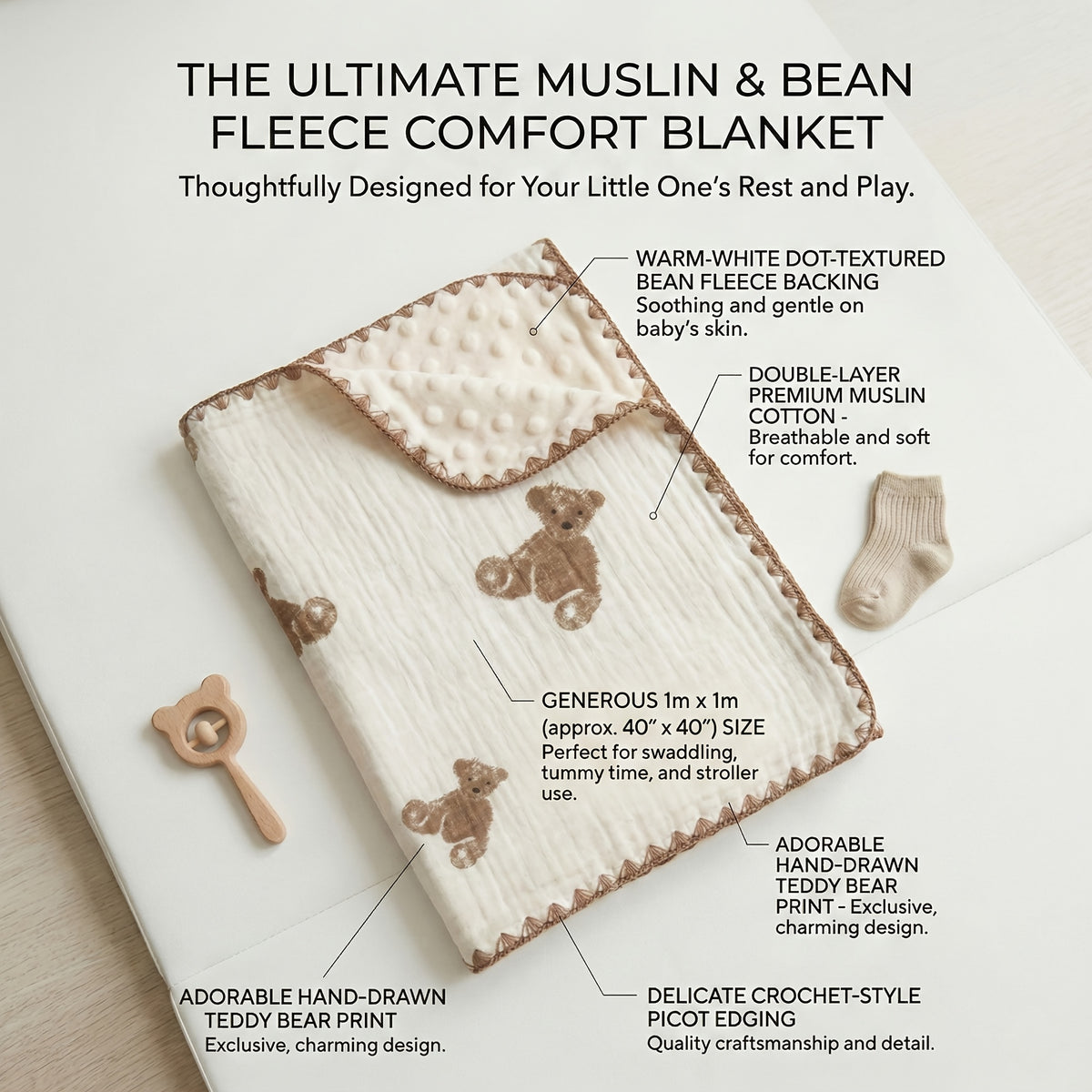 Double-Layer Baby Blanket with Cotton Gauze and Minky Dot Backing, 39.37 x 39.37 Inch Newborn Wrap in Bear, Rabbit and Dinosaur Prints