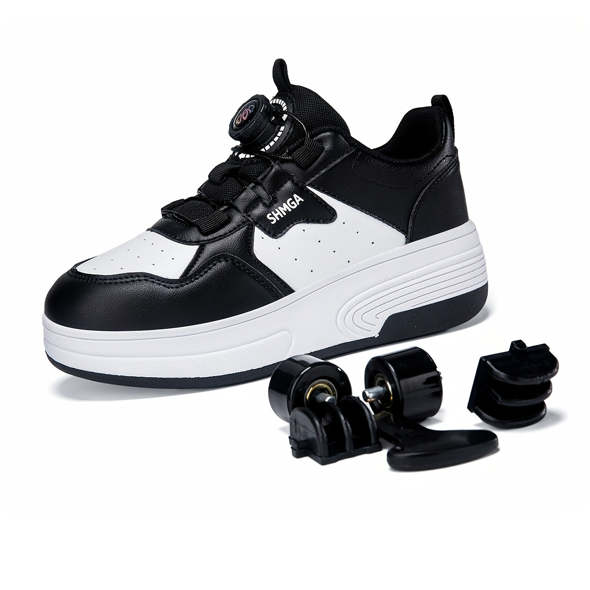 Boys Mesh Roller Sneakers with Removable Wheels, Black Low-Top Skate Shoes with TPR Insole and 2-Wheel or 4-Wheel Options for Outdoor Play
