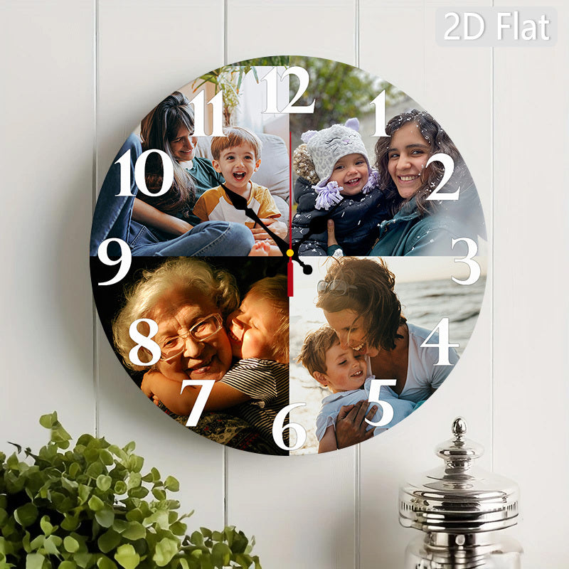 Quartz Photo Wall Clock for Nursery with Personalized Picture Panel, Silent Round 12-Inch Analog Timepiece with Artificial Wood Frame for Room Decor