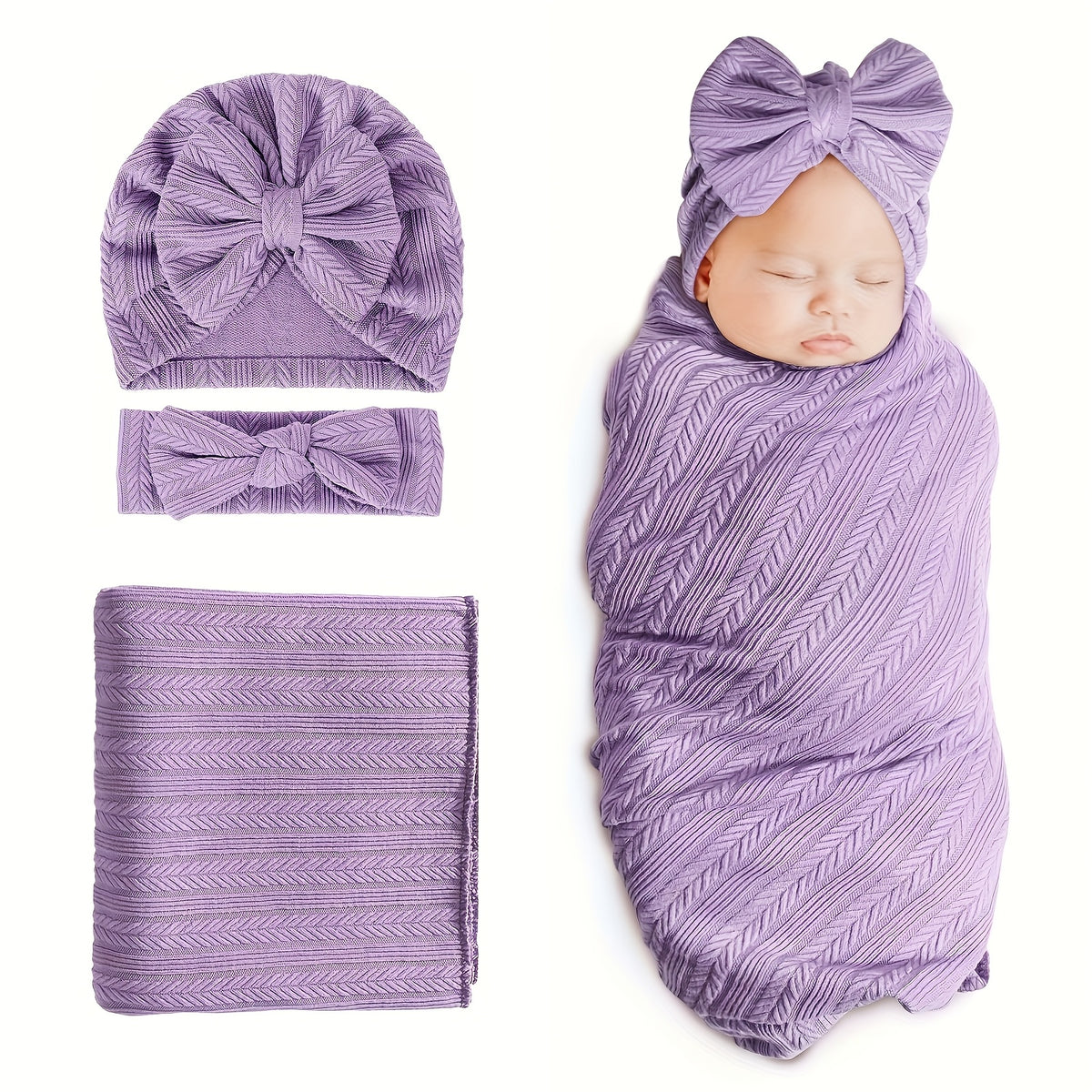 Baby Swaddle Blanket Gift Set with Matching Hat and Bow Headband, 3-Piece Newborn Wrap Accessories for Girls and Boys in Four-Season Colors