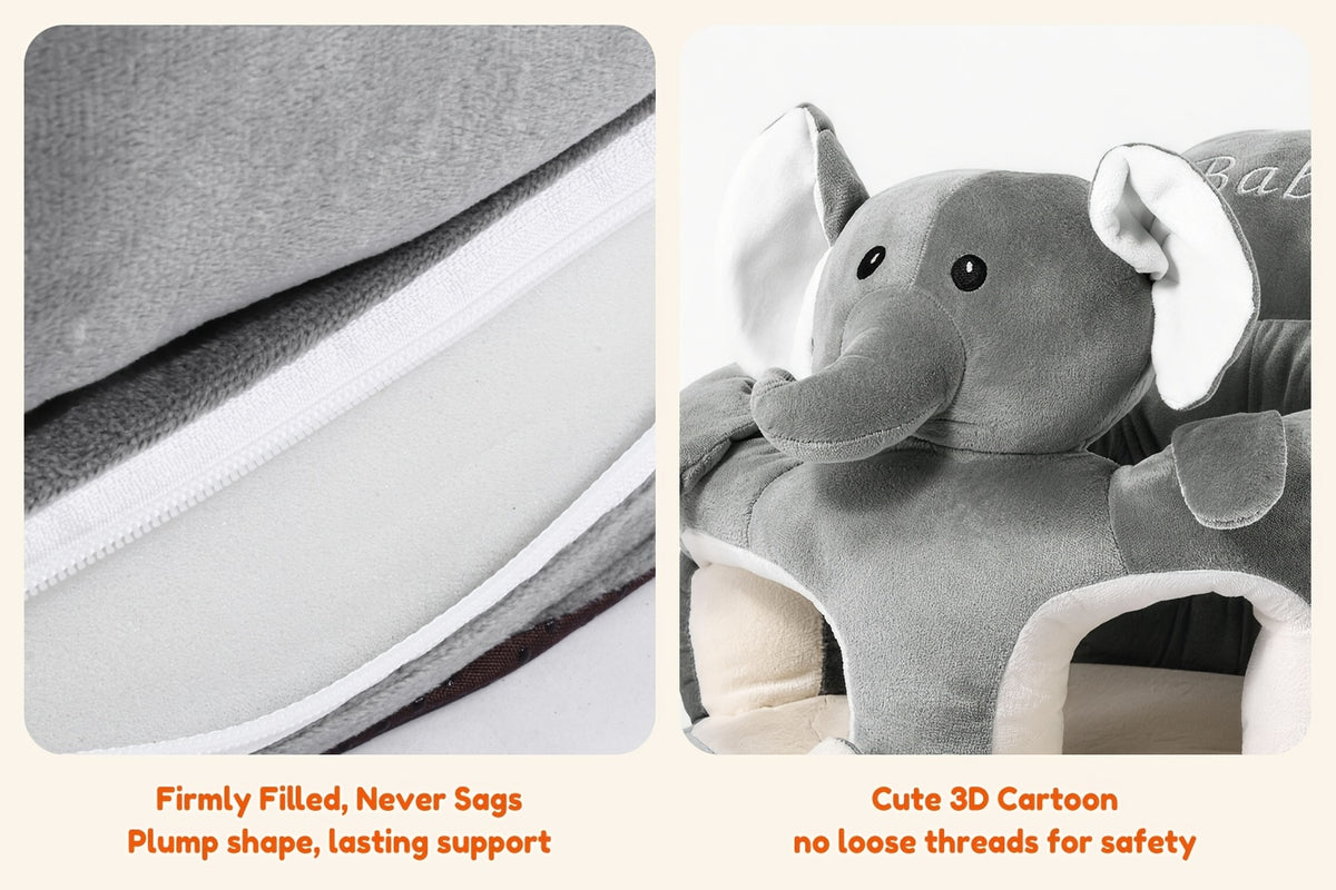 Plush Toddler Floor Seat with Back Support, Cartoon Elephant or Bear Baby Sofa Chair for Supervised Sitting and Play in Nursery or Living Room