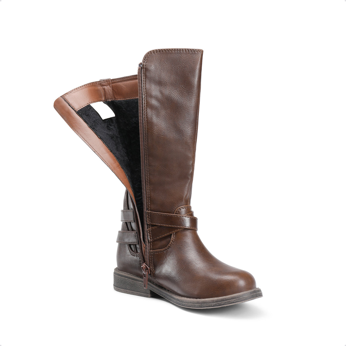 Girls' Buckle Knee-High Winter Boots with Classic Riding Style, Fabric Lining and PU Insole for Toddler, Little Kid & Big Kid, Black, Dark Brown or Sepia