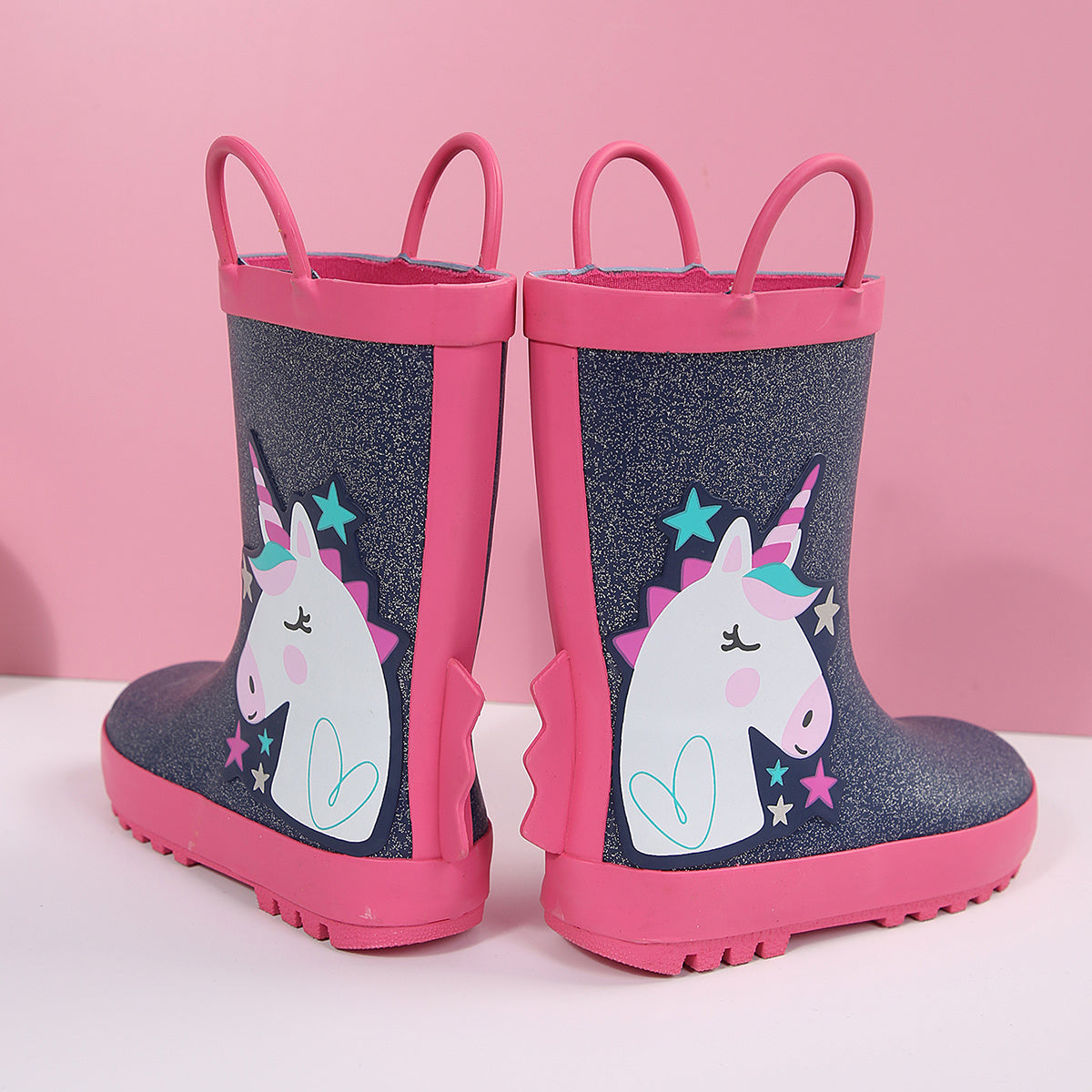 Easy-On Kids Rain Boots with Pull-Up Handles, Soft PVC Toddler to Big Kid Boots with Rainbow Unicorn and Color Options for Rainy Days and Outdoor Play