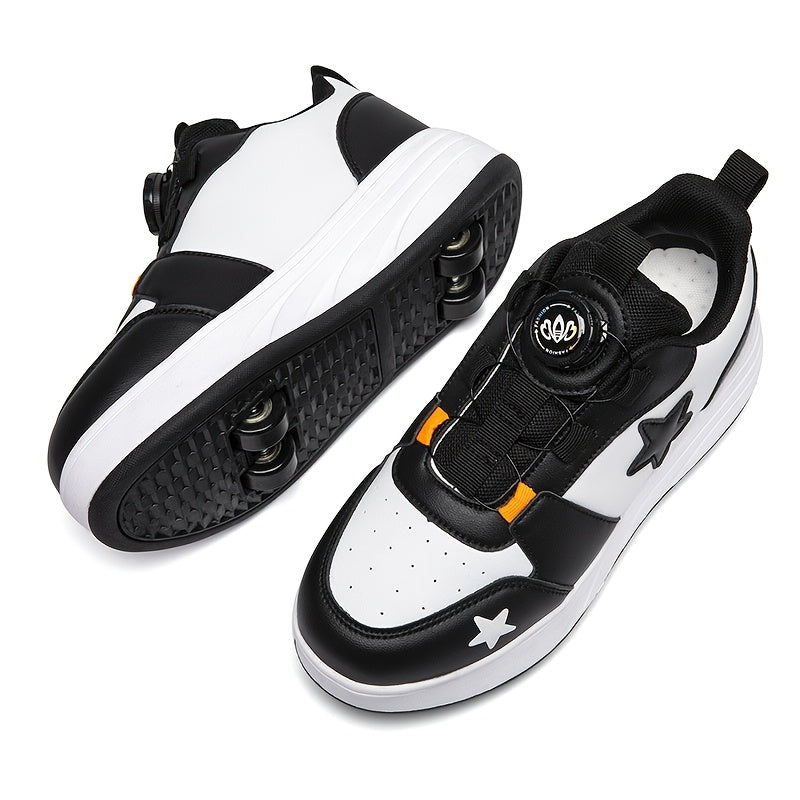Boys Mesh Roller Sneakers with Removable Wheels, Black Low-Top Skate Shoes with TPR Insole and 2-Wheel or 4-Wheel Options for Outdoor Play