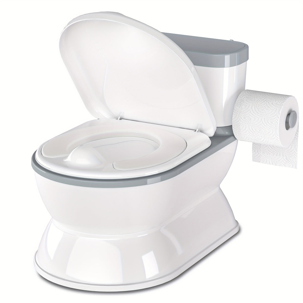 Realistic Flush Sound Potty Training Toilet 2-in-1 with Removable Training Seat, Storage Bin, Flip-Up Lid and Toilet Paper Holder, Self-Contained Kids Bathroom System for Toddlers 1-3 Years, Grey