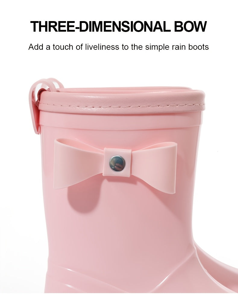 Girls Bow Rain Boots with Pull Tabs, Lightweight One-Piece Molded Toddler and Little Kid Boots in Pink, Burgundy, Dark Violet or Black for Rainy-Day Outings