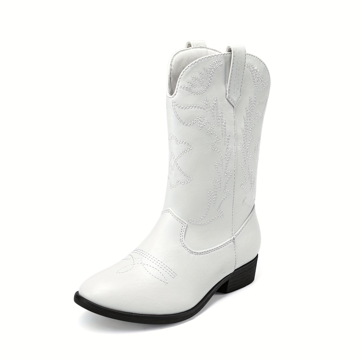 Embroidered Mid-Calf Western Riding Boots for Kids - Pull-On Cowboy Cowgirl Boots with Round Toe, Soft Lining & Flexible TPR Sole for Boys & Girls, Little Kid & Big Kid Sizes